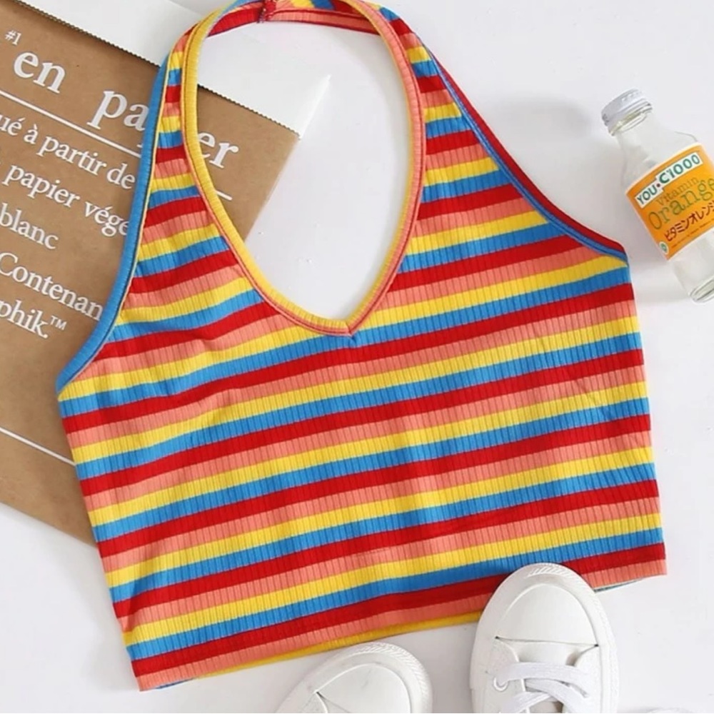 Shein Rainbow Striped Rib-knit Halter Top